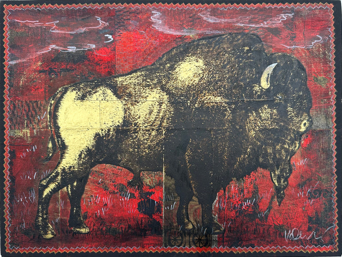 'red buffalo' mixed media painting